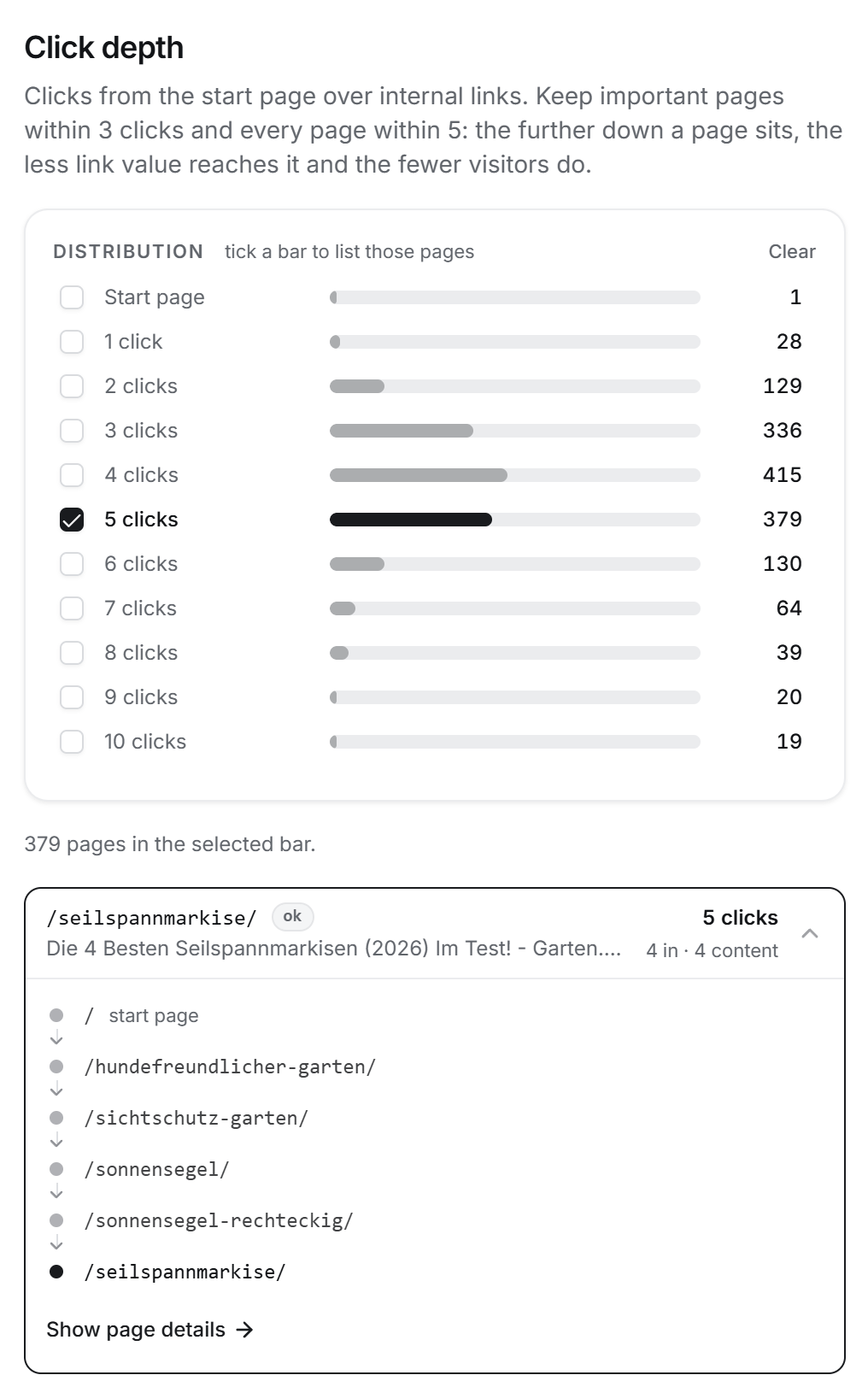 A site's click-depth distribution and a five-link path to one article