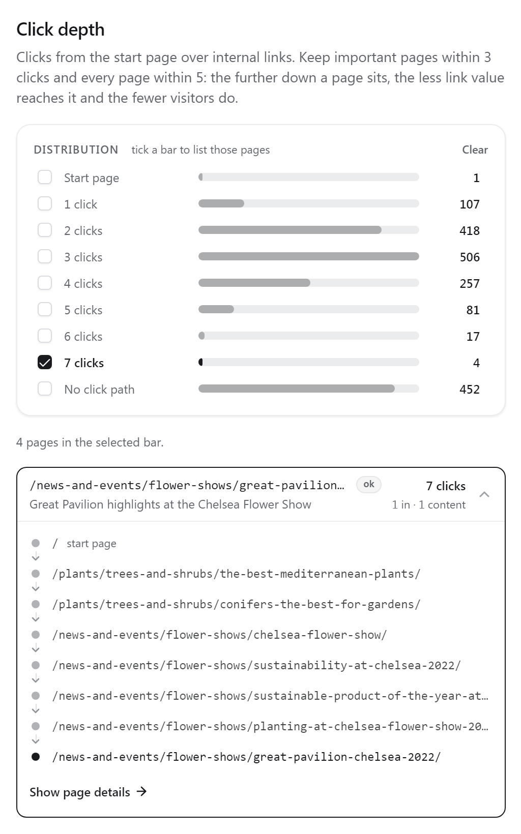 The click depth distribution with 7 clicks ticked, and one page opened to its click trail
