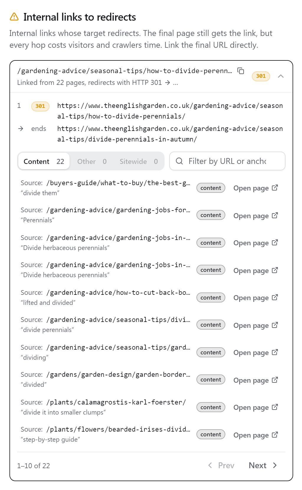 One redirected URL opened in Internal links to redirects, with the redirect and the 22 links pointing at it