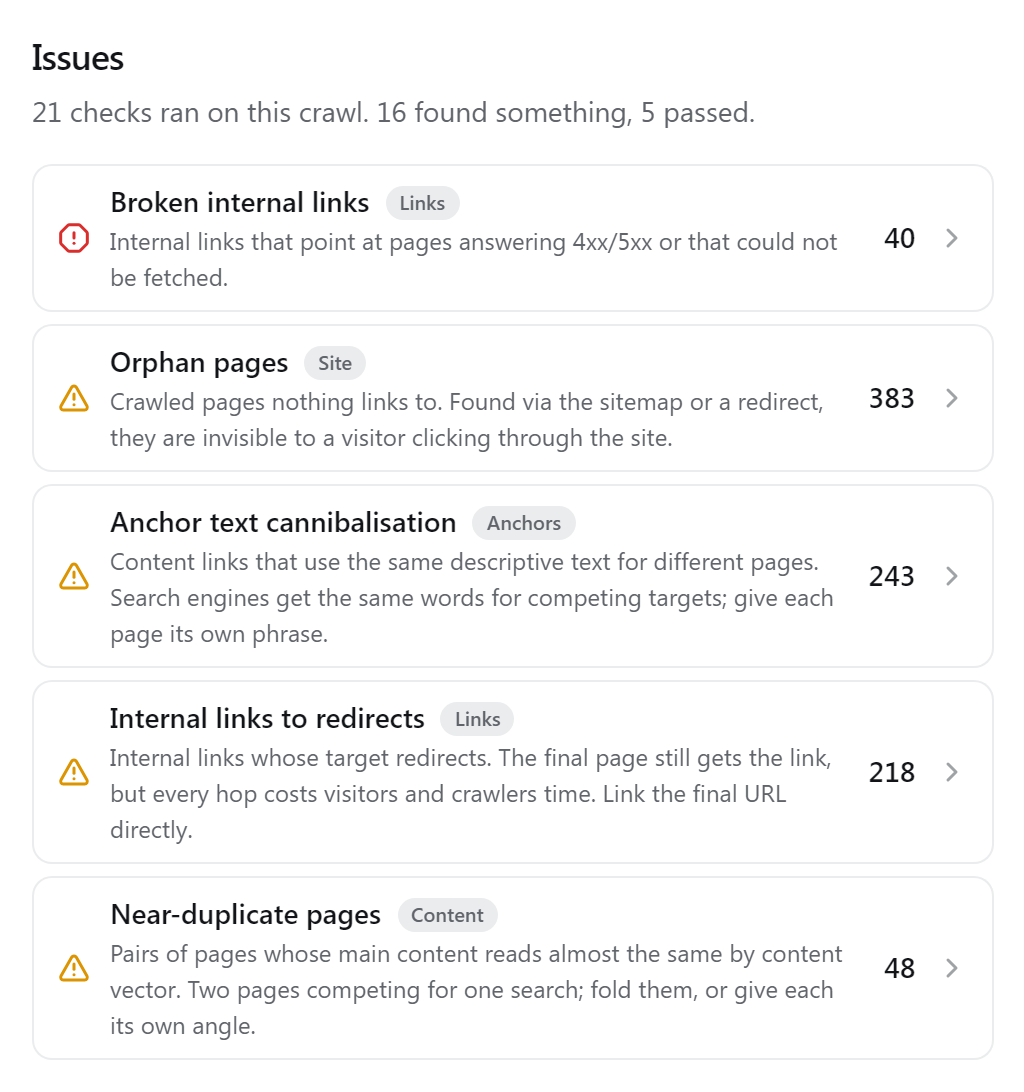 The Issues view listing the checks that found something, each with its count
